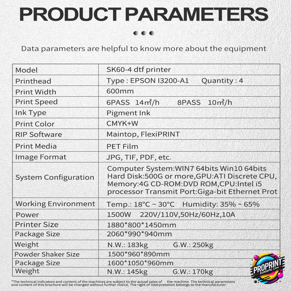 SK60-4 DTF Printer. Incl.: 1.set of consusmables and laptop.